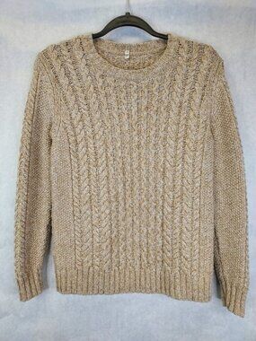 MUJI Cable Knit Sweater Women's S 100% Wool Crew Neck Pullover Oatmeal Fisherman